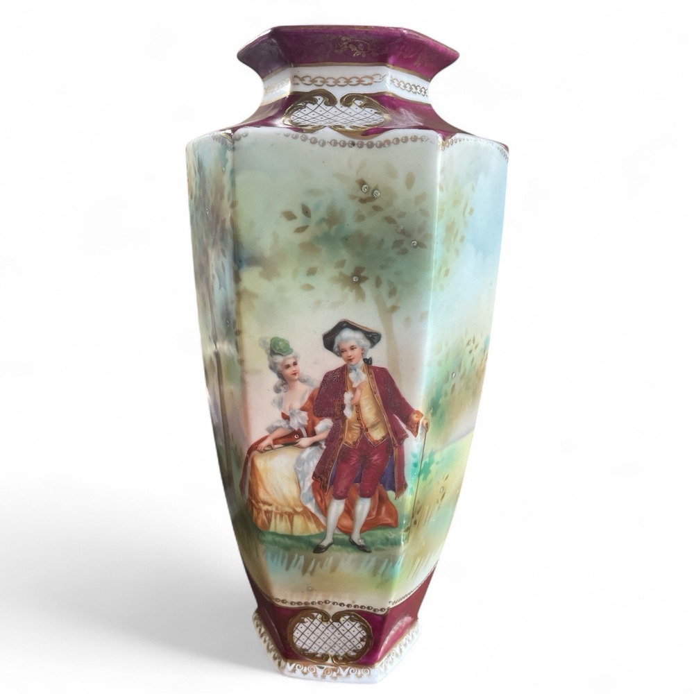 Japanese Vintage Hand Painted Vase, Couple Courting, Hexagonal Moriage Porcelain